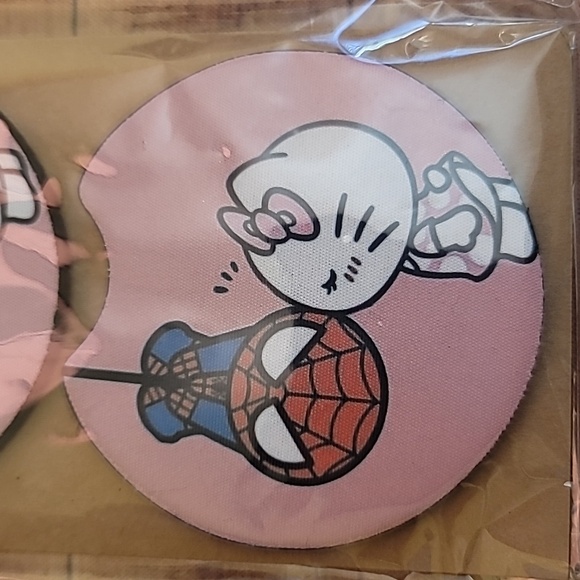 Cat and Spiderboy Handmade Reuseable Set of 2 Car Cup Holder Coasters - Picture 3 of 4